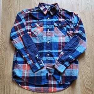 Free Assembly Plaid Flannel Button Down Reinforced Forearm/ Elbow 2 Pocket Sz L